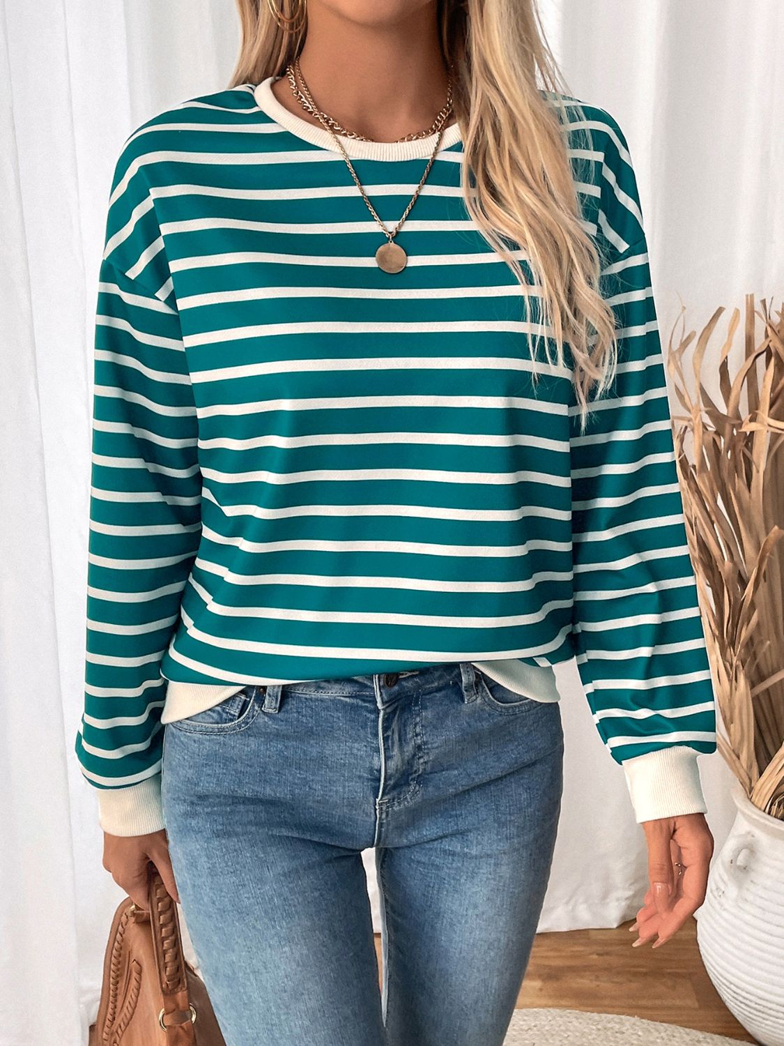 Hazel Blues® |  Perfee Striped Contrast Round Neck Long Sleeve Sweatshirt