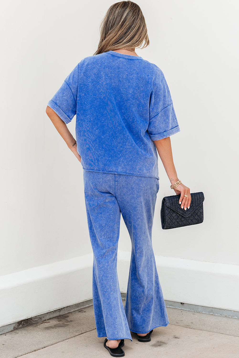 Josie Kate Ashleigh Blue Acid Wash Star Patched Rolled Trim Pants Set