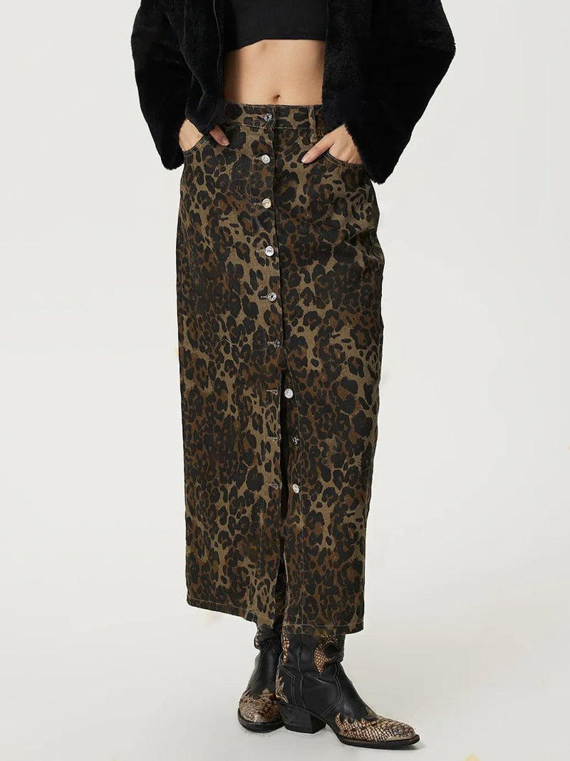 Hazel Blues® |  Leopard Button Up Denim Skirt