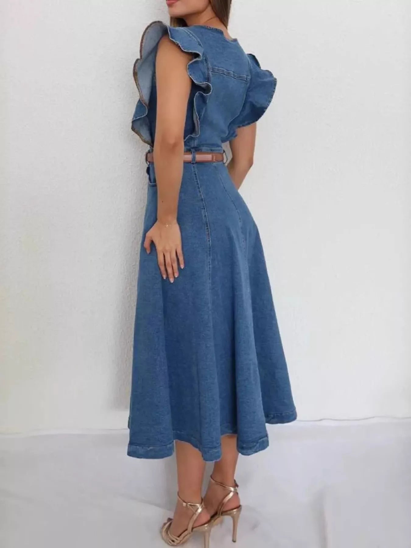 Ruffled Button-Front Denim Dress