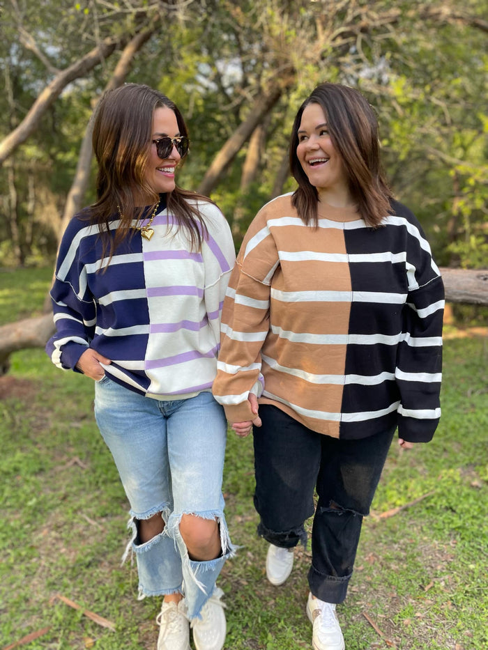 Hazel Blues® |  PREORDER: Exceptional Thought Striped Patchwork Sweater in Three Colors