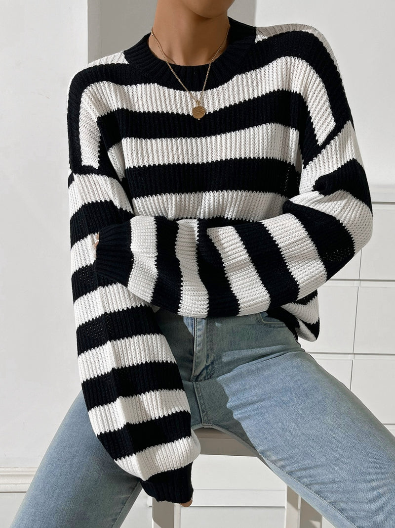 Hazel Blues® |  Honey Striped Round Neck Long Sleeve Sweater