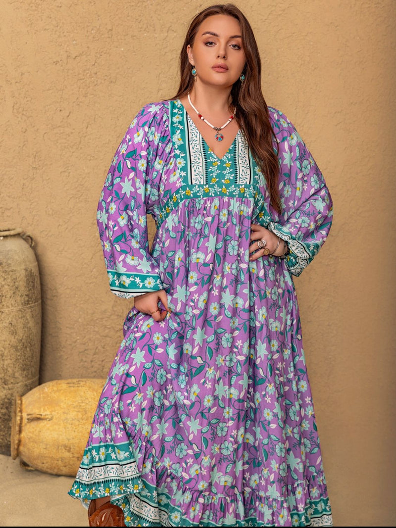 Hazel Blues® | Printed V-Neck Long Sleeve Maxi Dress