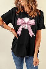 Hazel Blues® |  Black Baseball Bow Knot Print Round Neck T Shirt