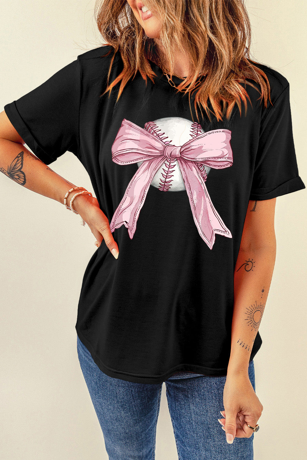 Black Baseball Bow Knot Print Round-Neck T-Shirt