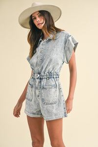 Hazel Blues® |  Annie Wear Elastic Waistband Short Sleeve Denim Romper