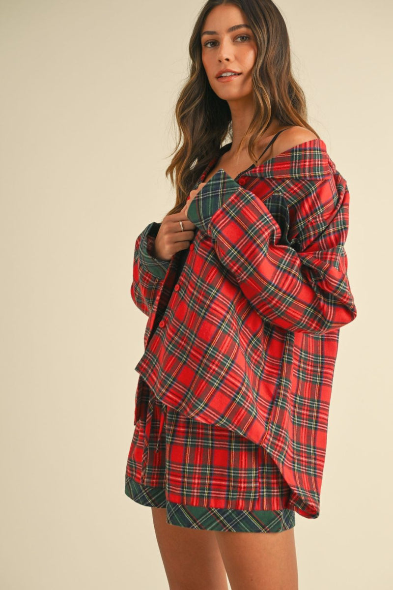 Hazel Blues® |  Annie Wear Contrast Plaid Long Sleeve Top and Shorts Set