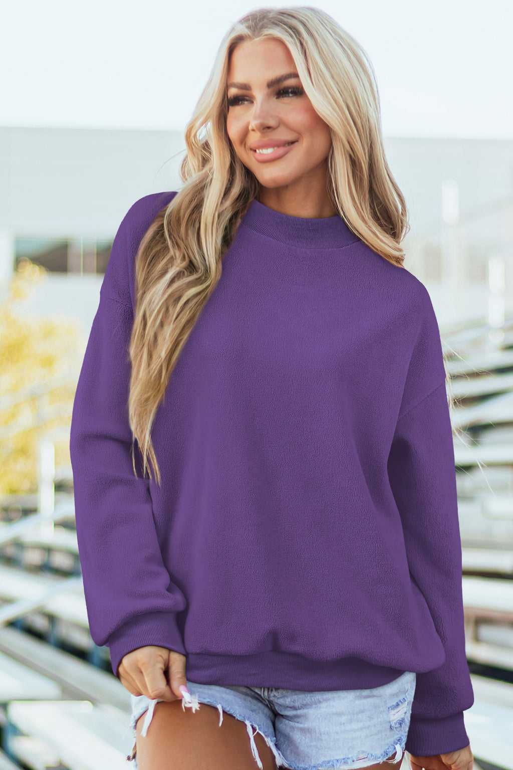 Clara Belle Tillandsia Purple Oversize Drop Shoulder Reversible Mock Neck Sweatshirt