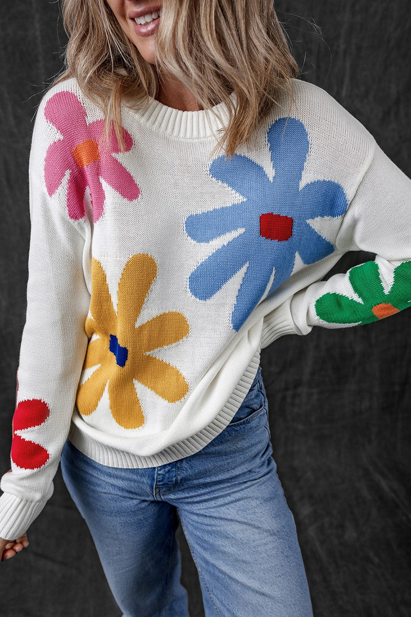 Hazel Blues® |  Flower Round Neck Dropped Shoulder Sweater