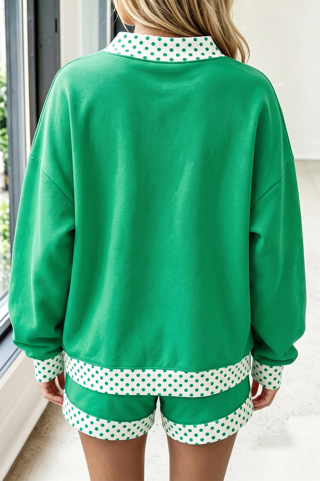 Bright Green Polka Dot Trim Baggy Pullover 2pcs Short Set