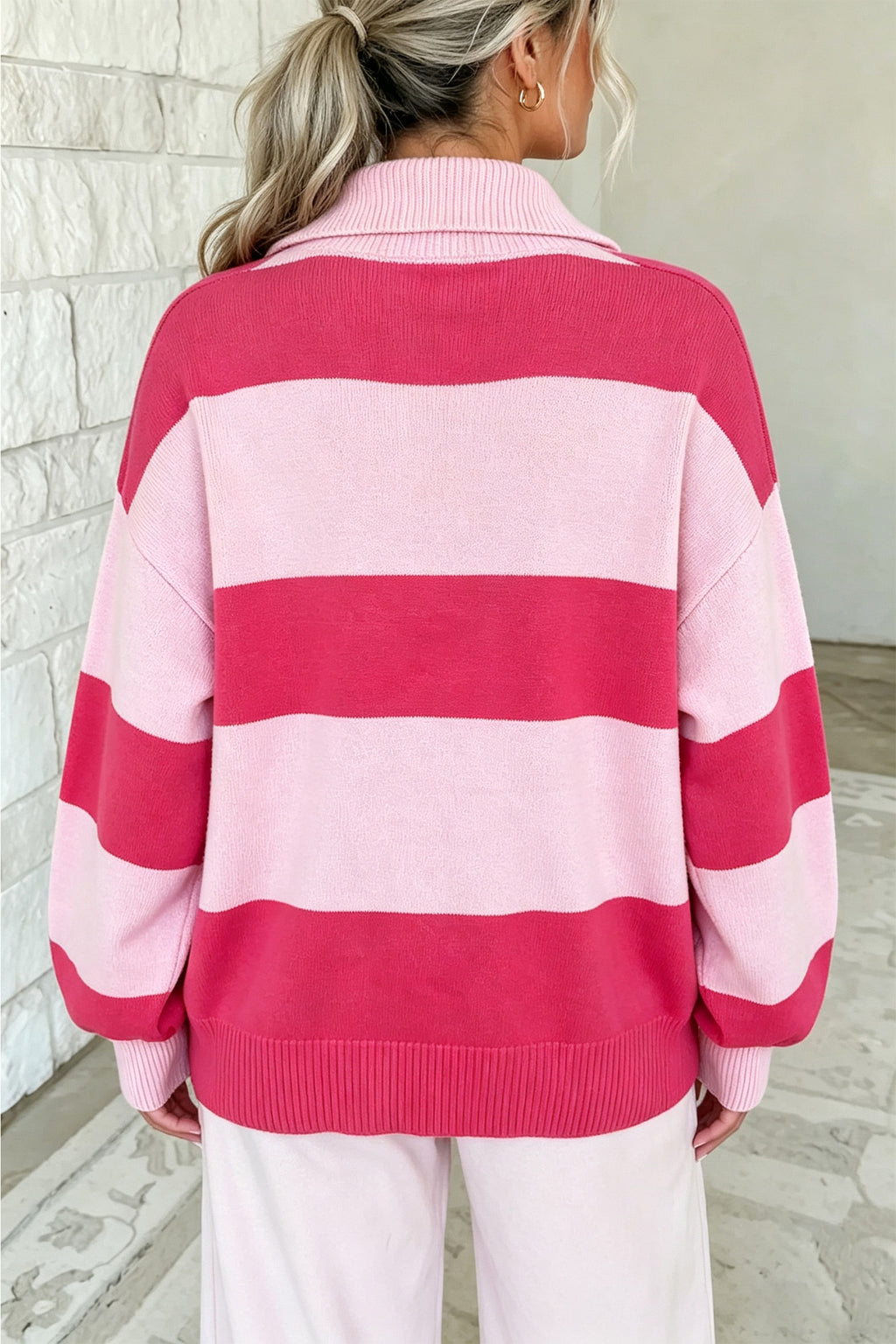 Pink Stripe Color-Block Half-Zip Sweater