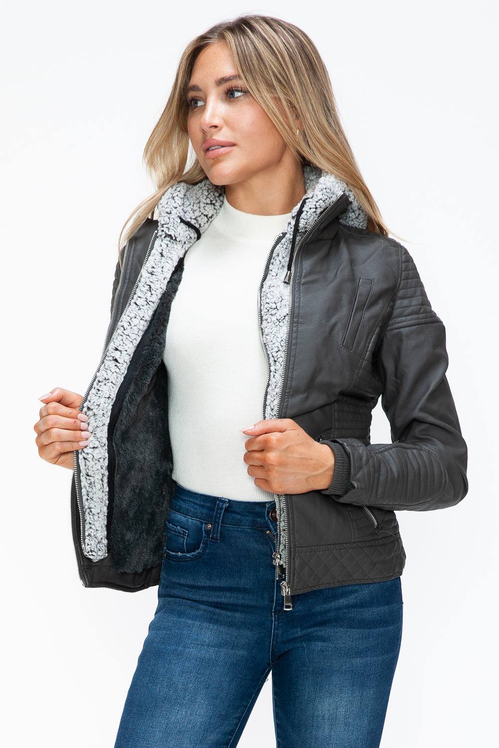 Hazel Blues® |  YMI Faux Layered Double-Zipper Jacket with Fuzzy Hood