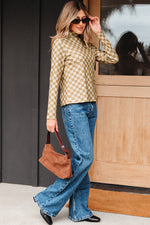 Hazel Blues® |  Khaki Check Pattern Turtleneck Ribbed Slim Long Sleeve Tee