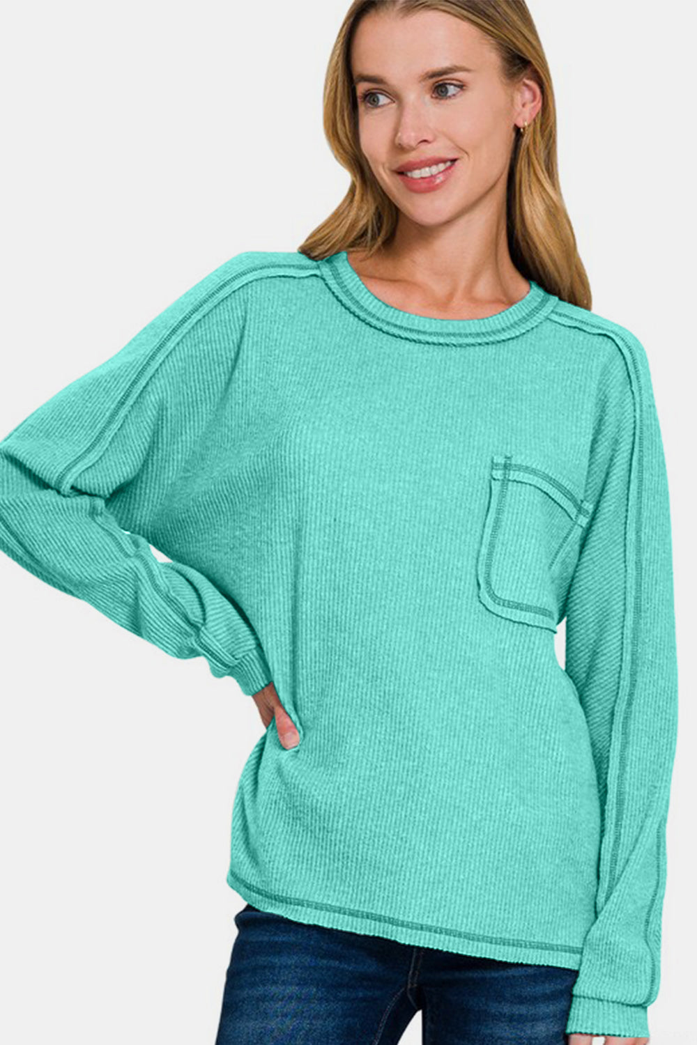 Hazel Blues® | Zenana Contrast Stitching Brushed Ribbed Hacci Knit Top