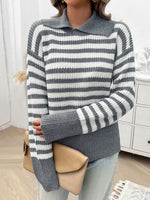 Hazel Blues® |  Striped Collared Neck Long Sleeve Sweater