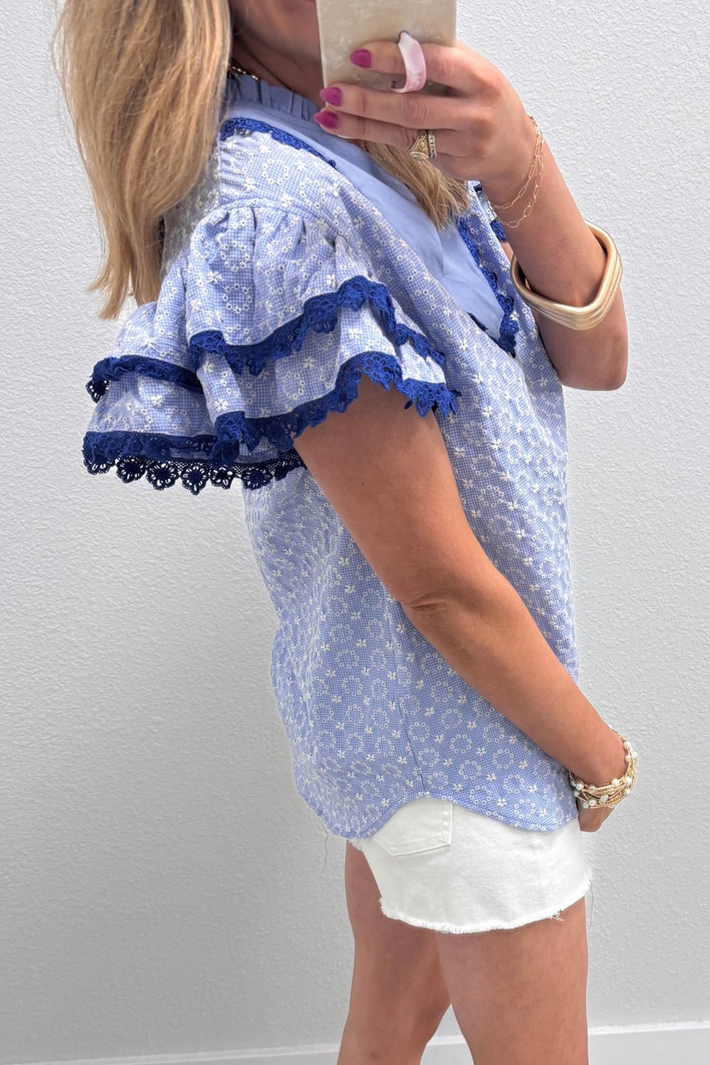 Maisie Claire Eyelet Embroidered Flower Texture Contrast Lace Trim Flutter Sleeve Blouse