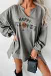 Hazel Blues® |  Chestnut Sequin Happy Halloween Graphic Notched Neck Long Sleeve Loose Top