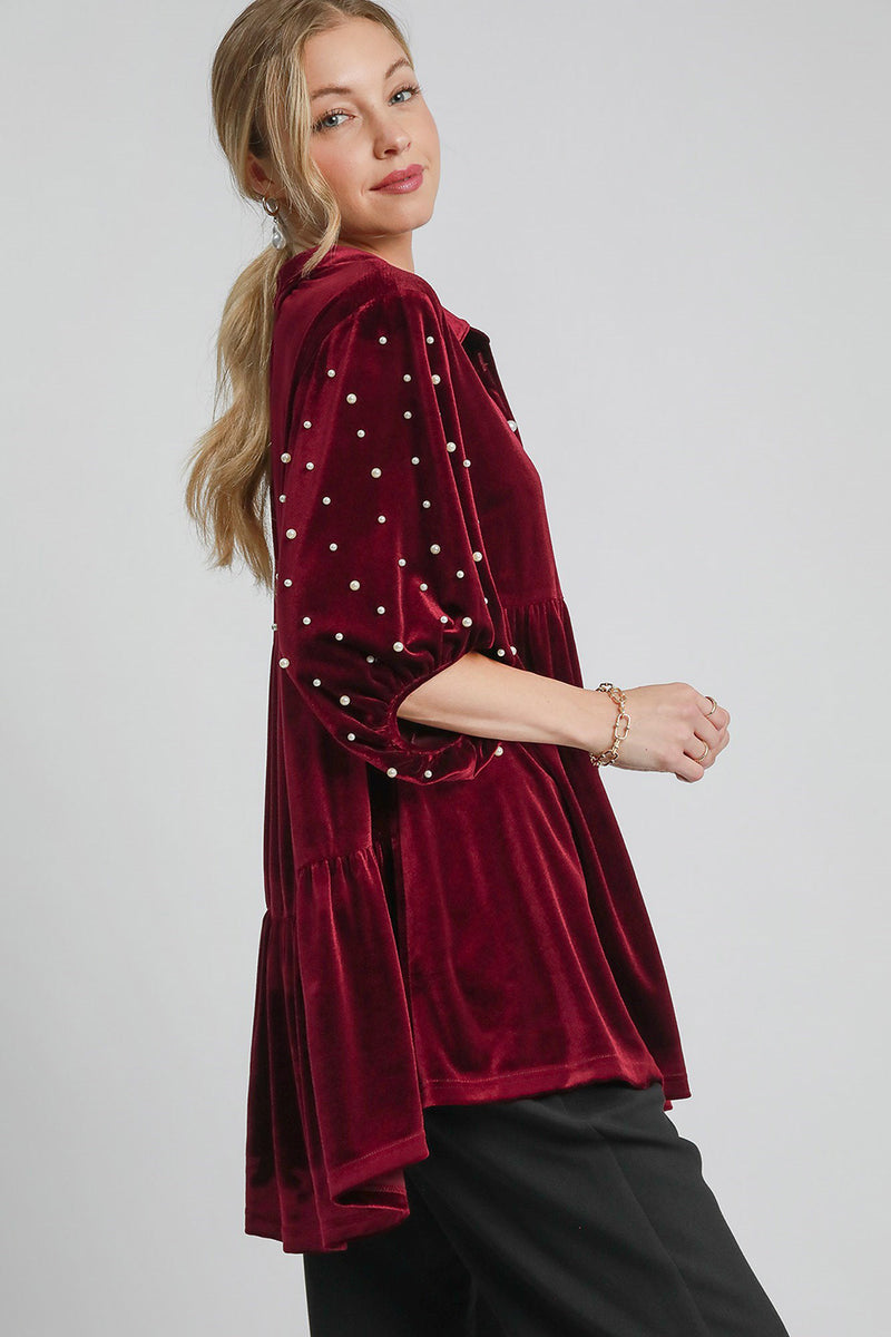 Hazel Blues® |  Umgee Pearl Detail Collared Neck Velvet Babydoll Blouse