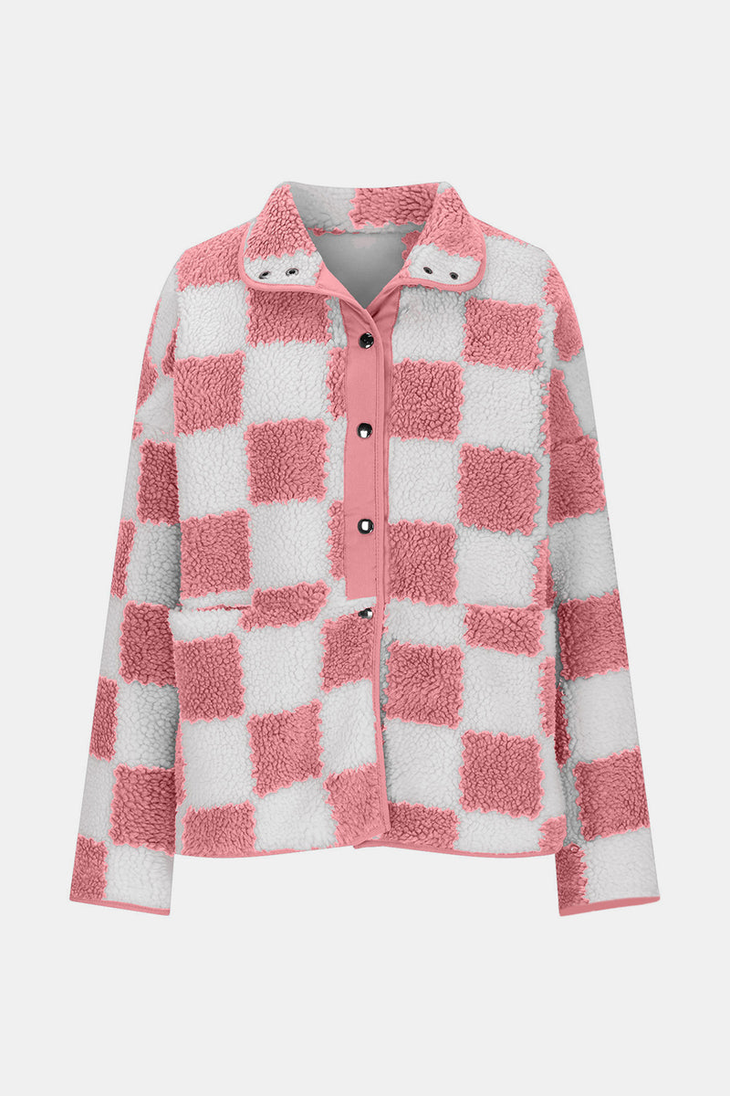 Hazel Blues® |  Checkered Snap Down Long Sleeve Teddy Jacket