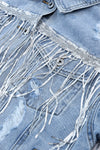Hazel Blues® |  Sequin Fringe Trim Distressed Button Up Denim Jacket