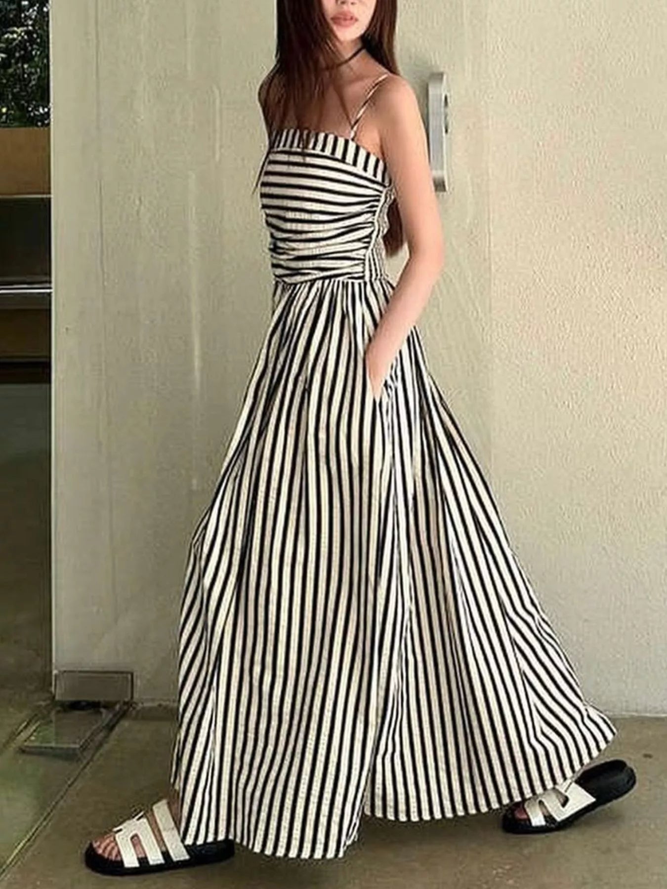 Hazel Blues | Striped Spaghetti Strap Casual Maxi Dress Brown / XL