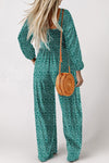 Hazel Blues® |  Green Floral Print Western Smocked Bodice Square Neck Wide Leg Jumpsuit
