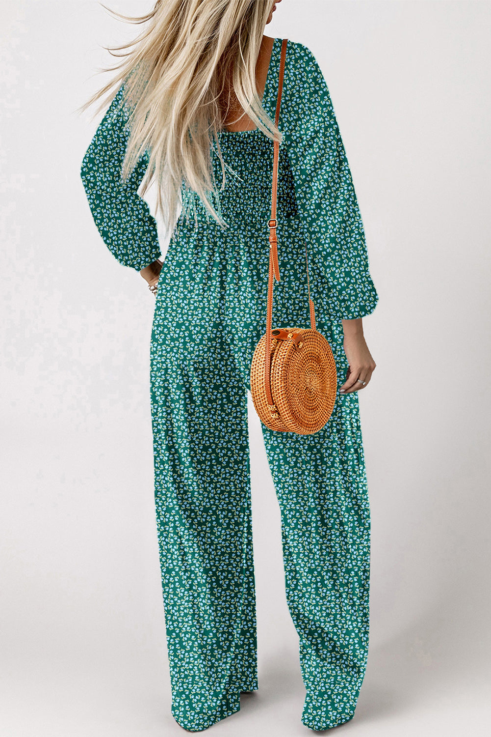 Hazel Blues® |  Green Floral Print Western Smocked Bodice Square Neck Wide Leg Jumpsuit