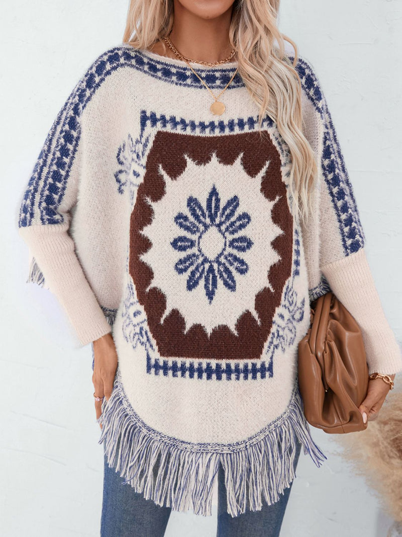 Hazel Blues® |  Fringe Geometric Long Sleeve Poncho