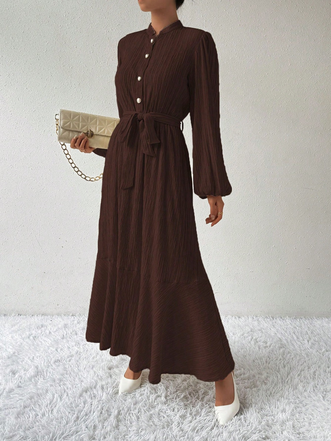 Hazel Blues® |  Half Button Tie Waist Long Sleeve Maxi Dress