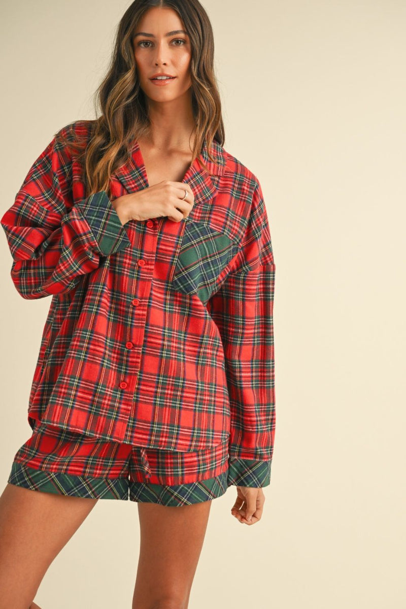 Hazel Blues® |  Annie Wear Contrast Plaid Long Sleeve Top and Shorts Set