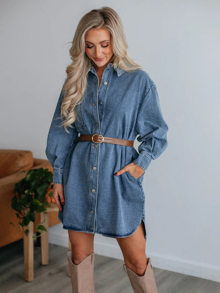 Hazel Blues® |  Button Up Collared Neck Long Sleeve Denim Dress