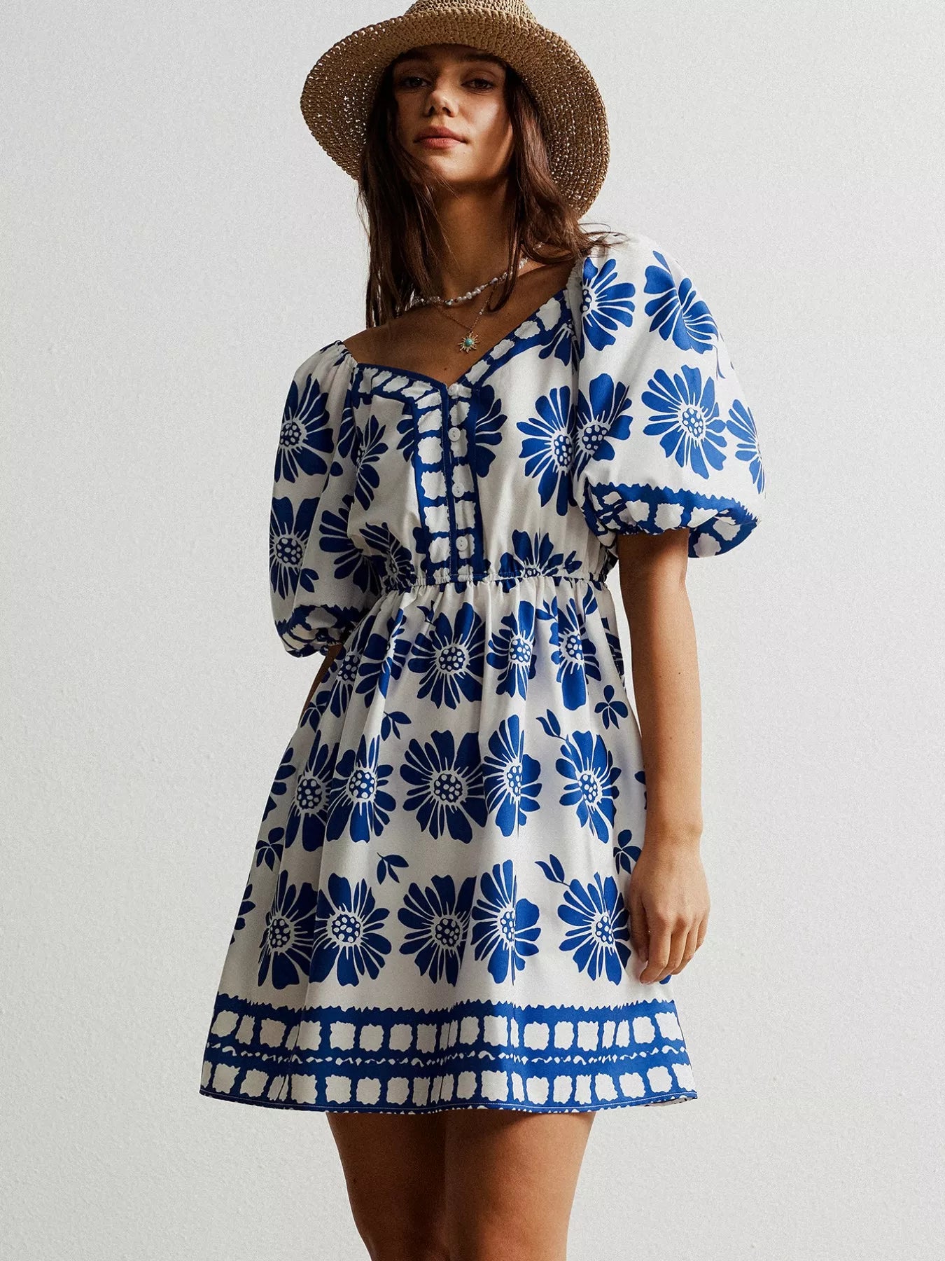 Royal Blue Floral Print Puff Sleeve Mini Dress