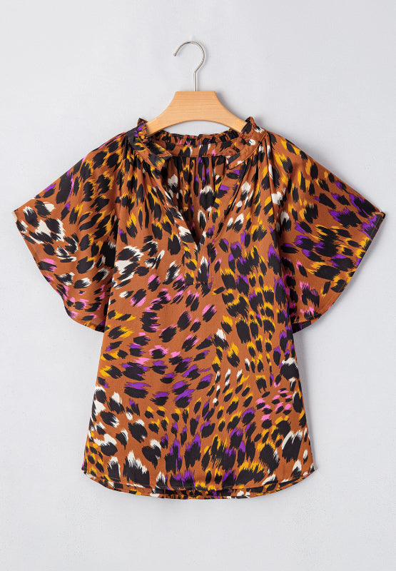 Hazel Blues® |  Leopard Notched Short Sleeve Blouse