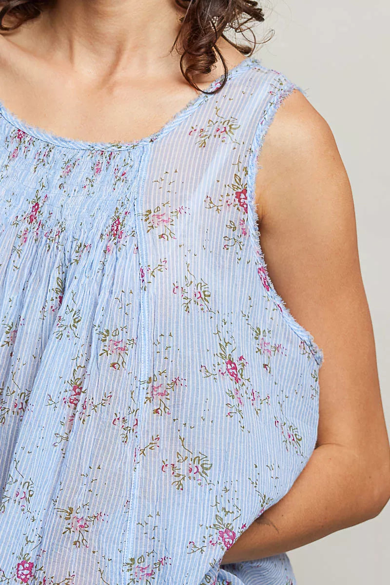 Hazel Blues® | POL Round Neck Sleeveless Floral Pleated Cotton Top