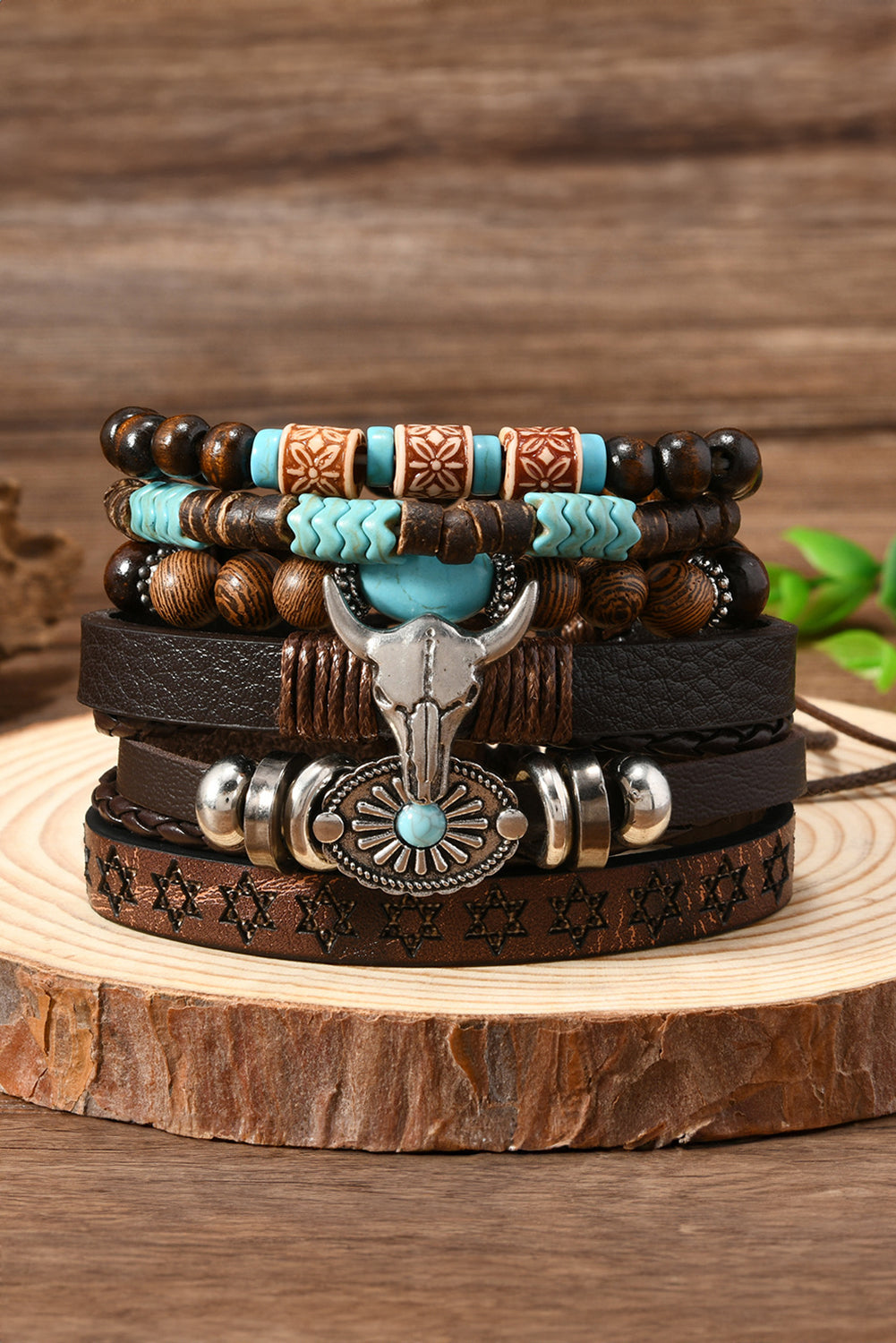 Hazel Blues® |  Chestnut 6 Piece Western Bull Skull Turquoise Beading Bracelet