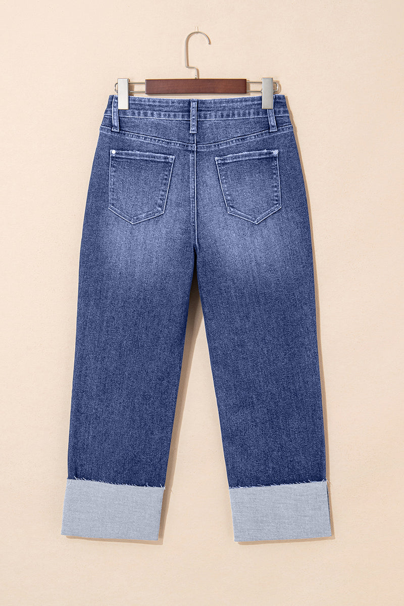 Hazel Blues® |  Real Teal Folded Cuffs Distressed Straight High Waist Jeans