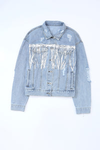 Hazel Blues® |  Sequin Fringe Trim Distressed Button Up Denim Jacket