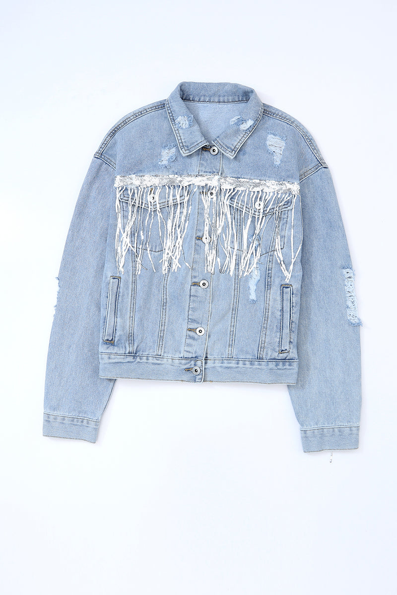 Hazel Blues® |  Sequin Fringe Trim Distressed Button Up Denim Jacket