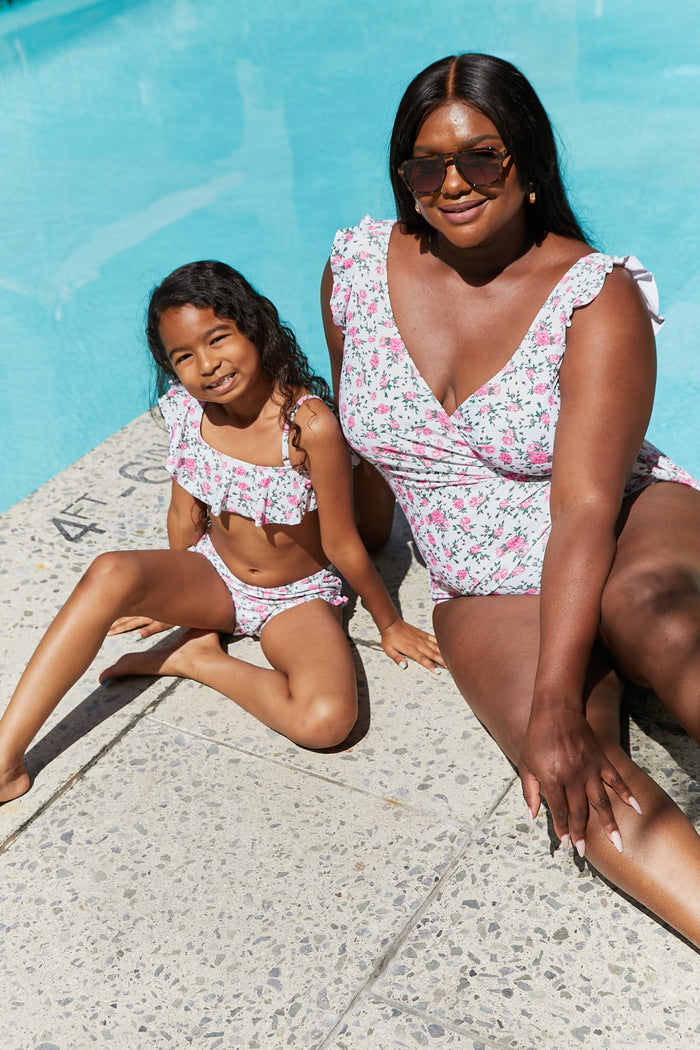 Hazel Blues® | Float On Ruffle Two-Piece Swim Set in Roses Off-White: Youth