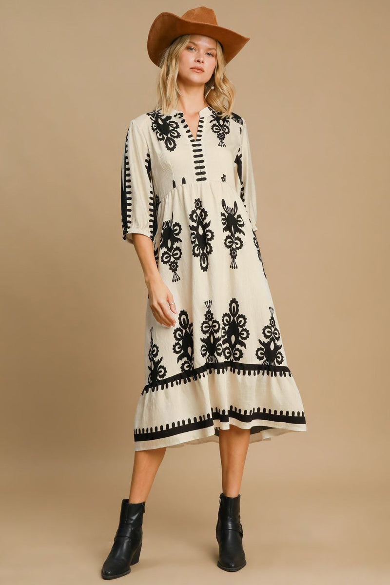 Umgee Printed Notched Midi Dress Cream / S Umgee Printed Notched Midi Dress Cream / S
