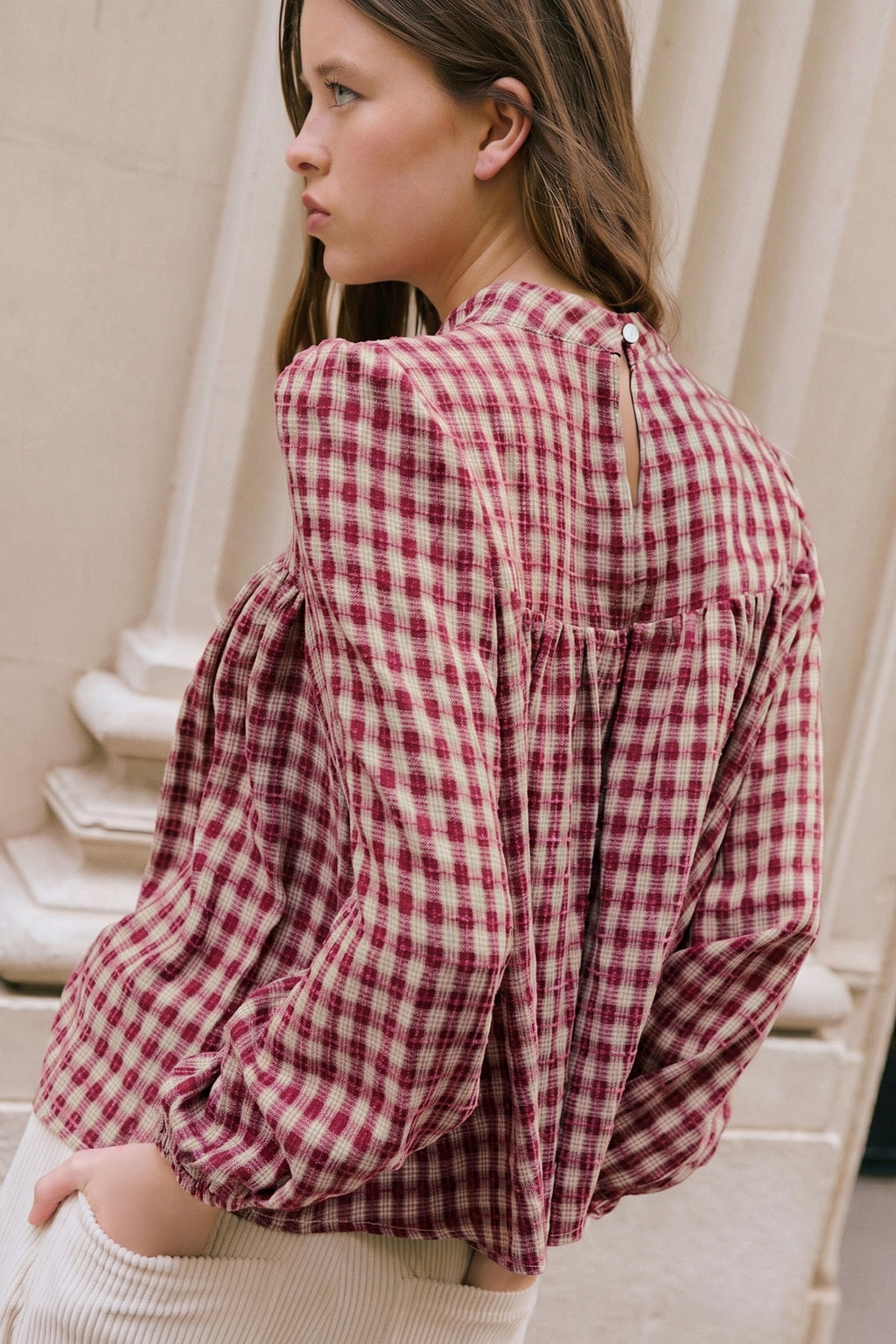 Country Plaid Long Sleeve Button Keyhole Pleated Loose Blouse