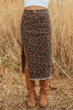Hazel Blues® |  Brown Leopard Denim Frayed Split Denim Midi Skirt