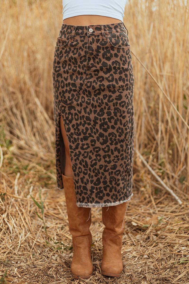 Hazel Blues® |  Brown Leopard Denim Frayed Split Denim Midi Skirt