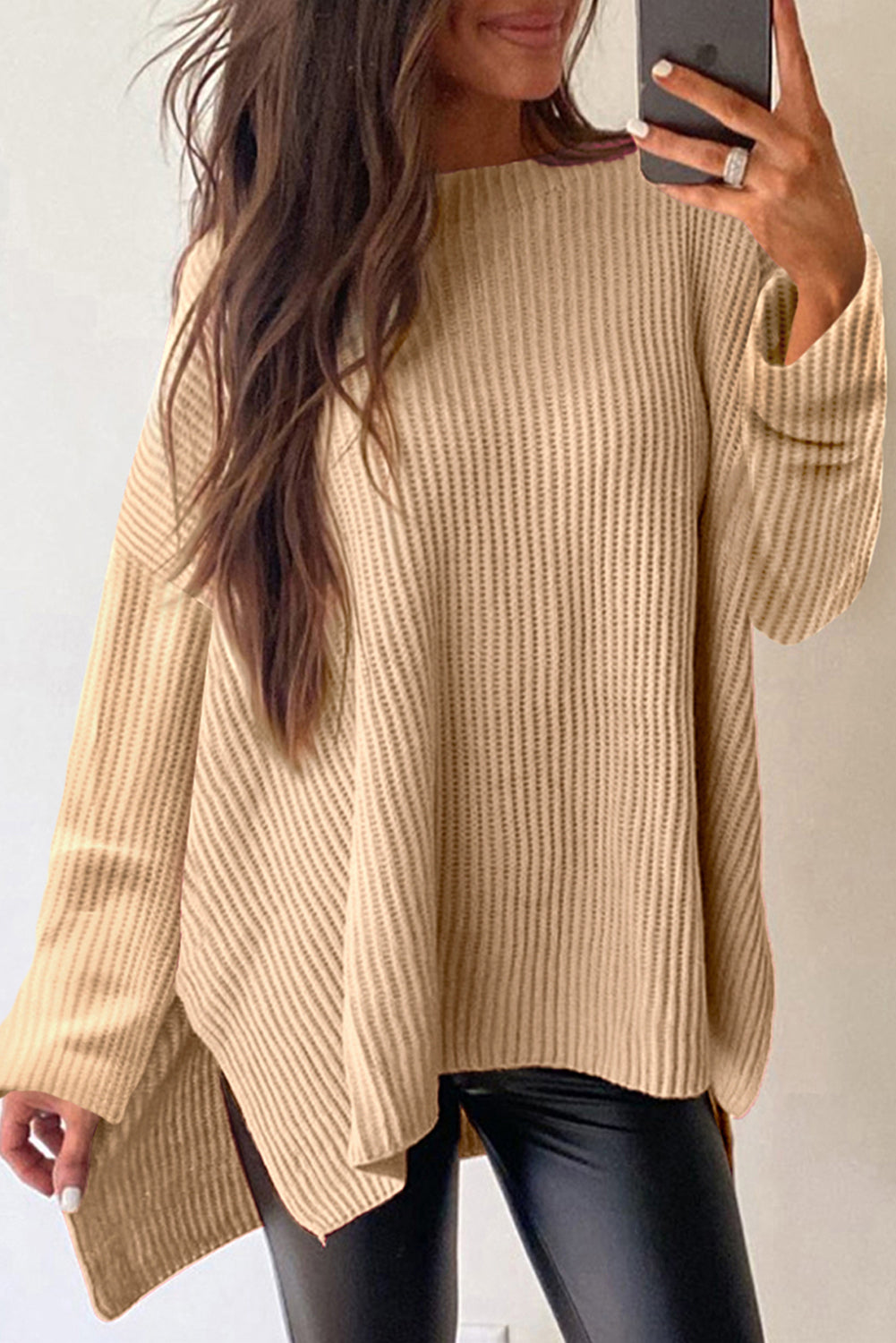 Hazel Blues® |  Side Slit Round Neck Long Sleeve Sweater