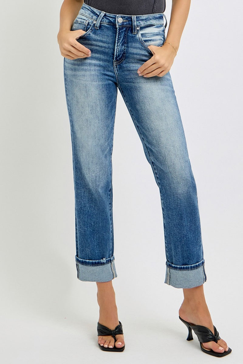 Hazel Blues® |  RISEN High Rise Crop Straight Roll Up Jeans