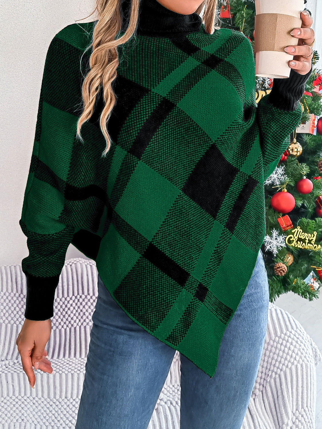 Hazel Blues® |  Plaid Turtleneck Batwing Sleeve Sweater