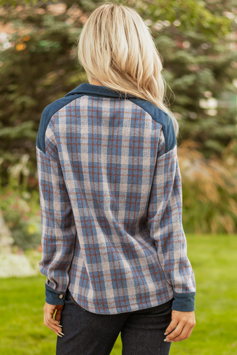 Gray Plaid Corduroy Patchwork Collared Zip-Up Snap-Button Jacket