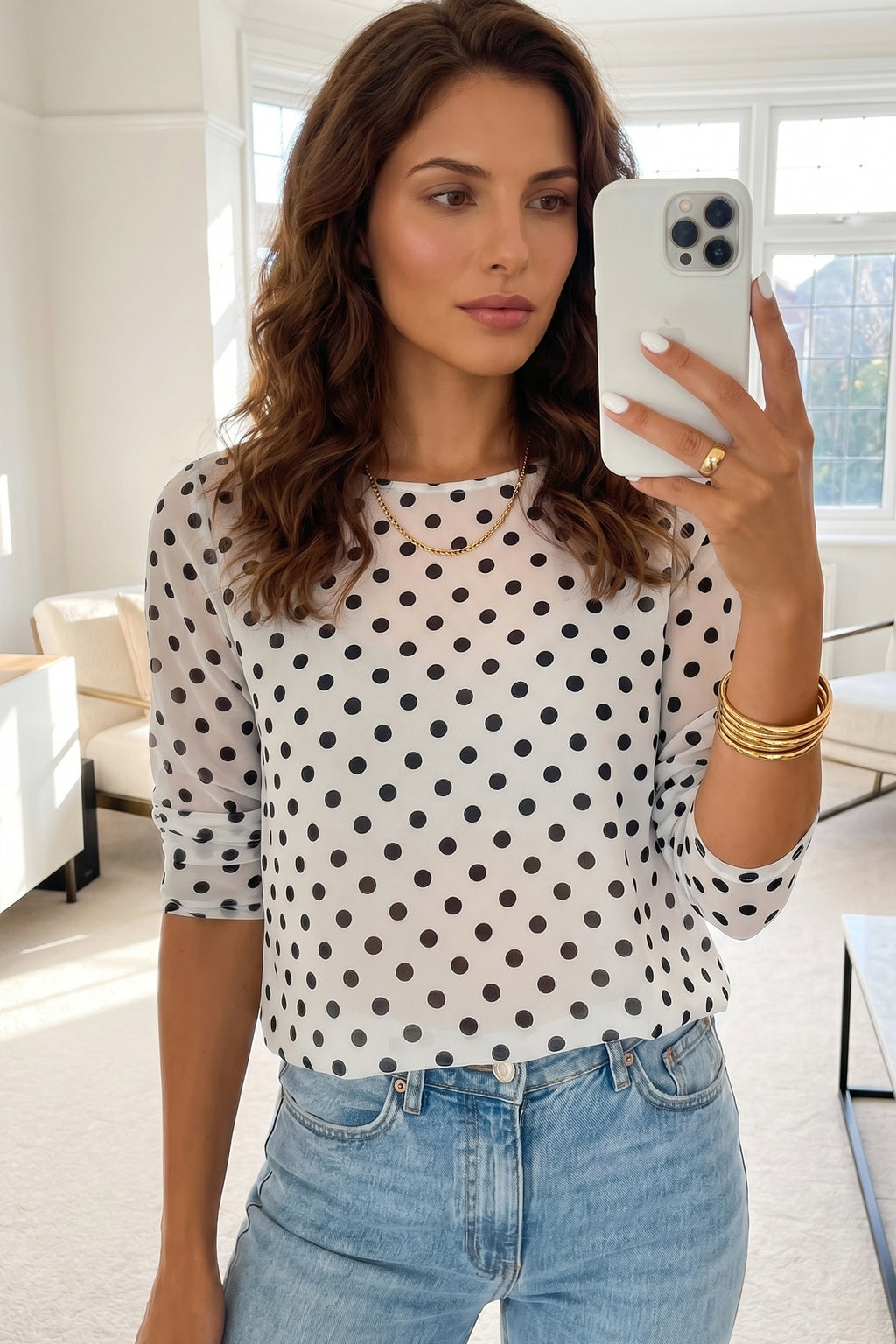 Sheer Mesh Polka Dot Long Sleeve Round Neck Shift Top | Polka Dot Long Sleeve Round Neck Top