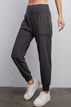 Hazel Blues® |  Rib Brushed Full Length Jogger Pant in Black