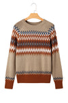 Hazel Blues® |  Khaki Aztec Print Colorblock Crew Neck Sweater